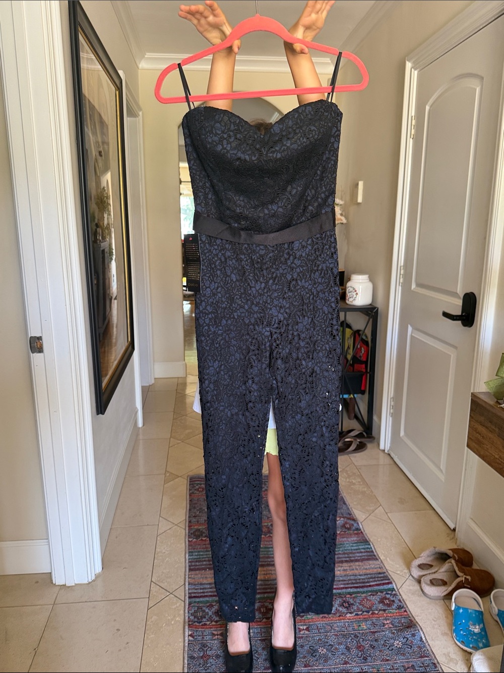 Bebe Black Strapless Lace Jumpsuit with Front Slit